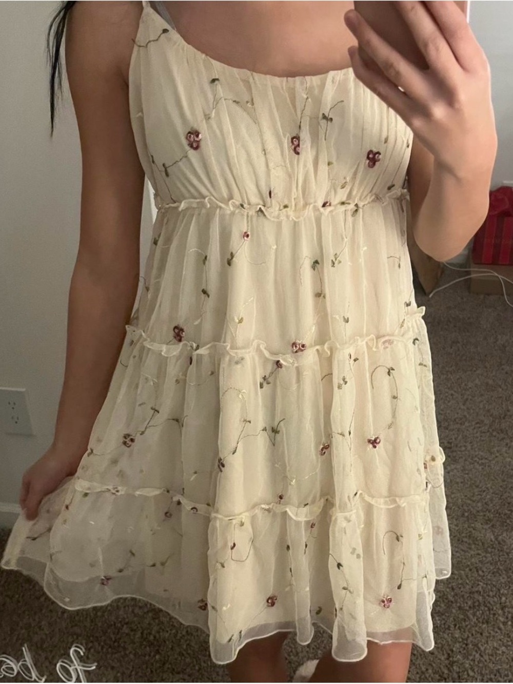 Trixxi Babydoll Cream Textured Tiered Dress with Subtle Gold Accents